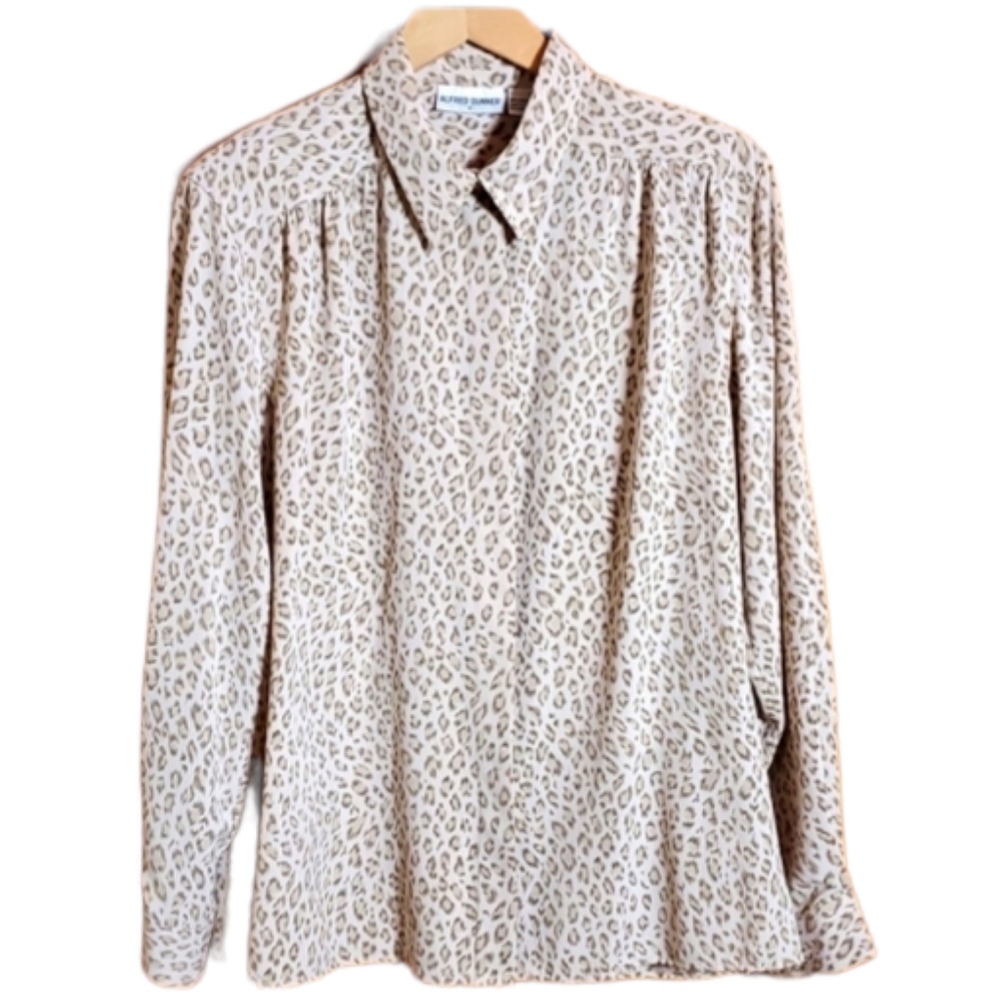 BLOUSE ALFRED DUNNER 16 BEIGE ANIMAL PRINT BUTTON DOWN LONGSLEVE
